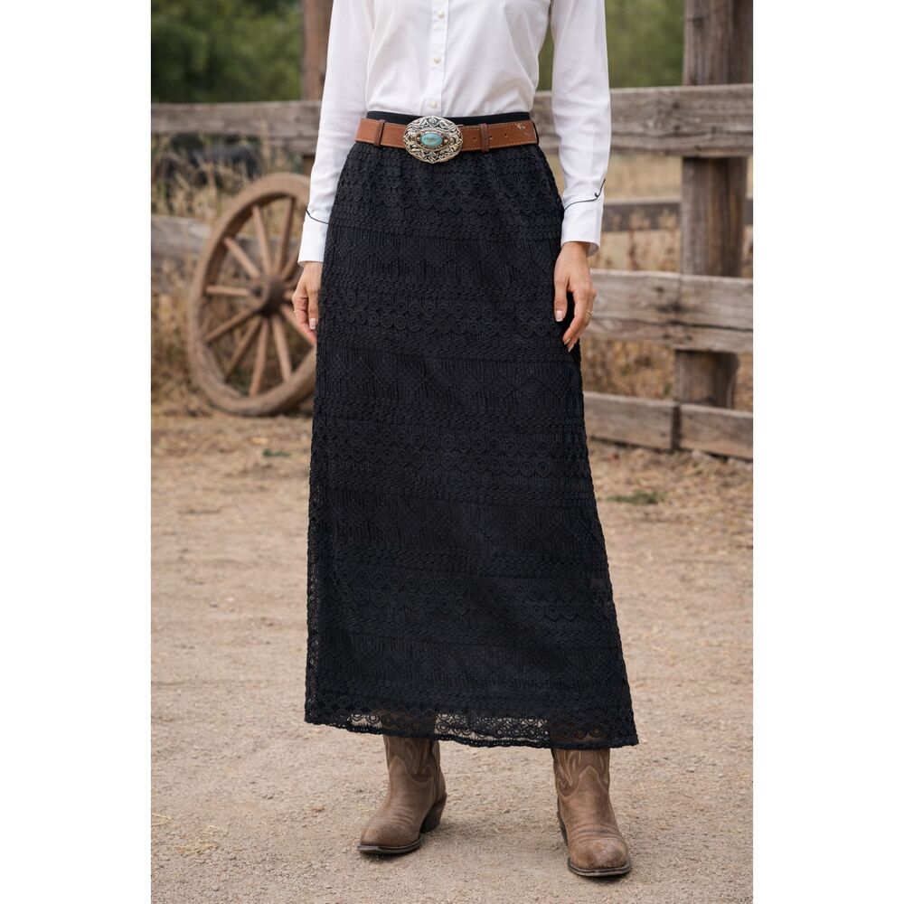 Miss Pinky Boho Long Black Lace Crochet Maxi Skirt Lined Western Modest No Slit